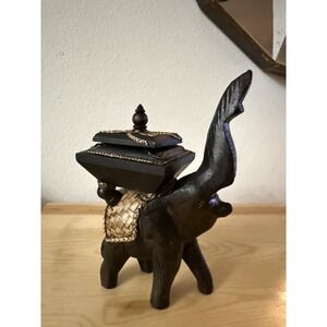 VTG Rare Hand Carved Wooden Elephant Covered Ashtray Nickel Inlaid Boho 8.25"